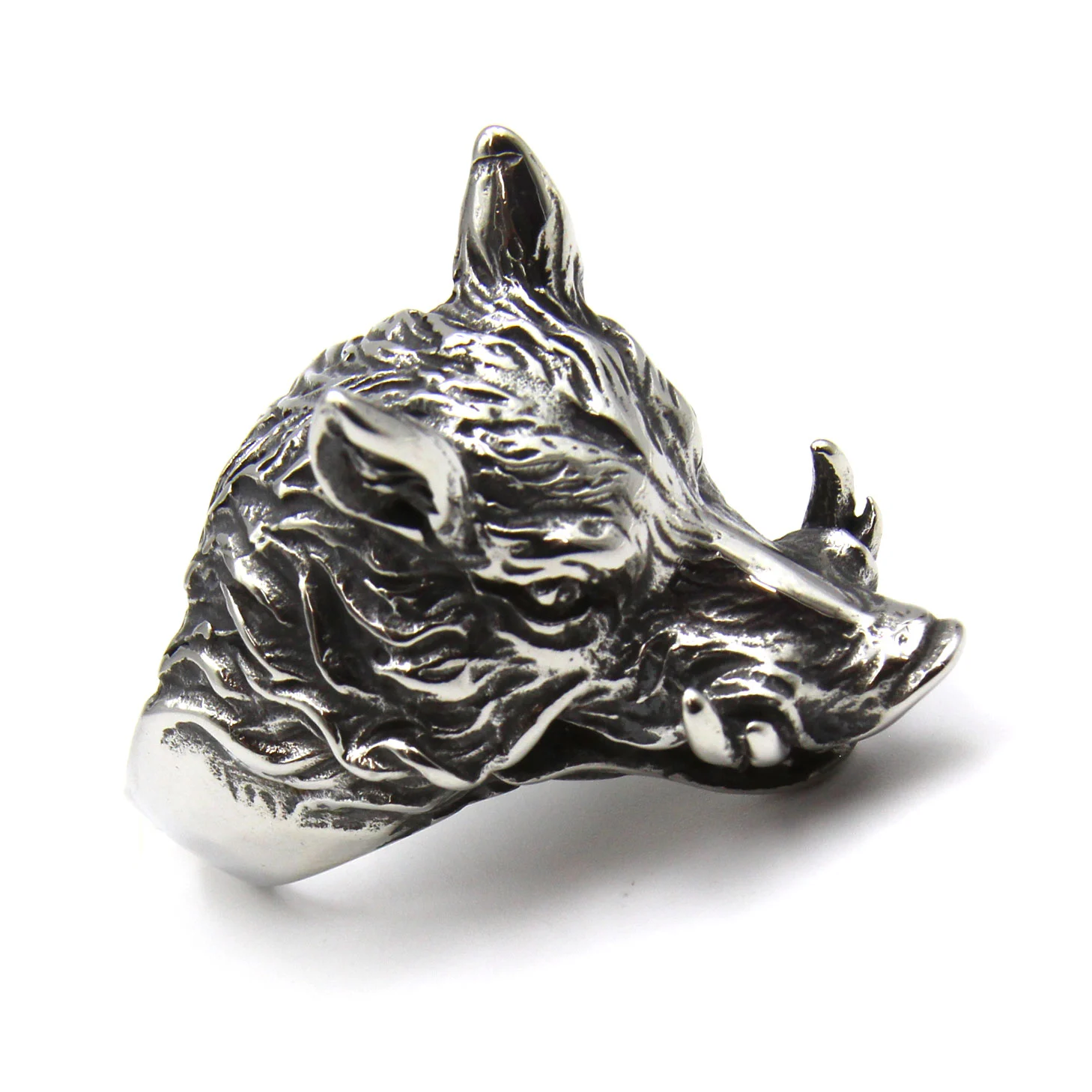 Anillo Acero Inoxidable Plateado Jabalí Animal Cerdo Salvaje