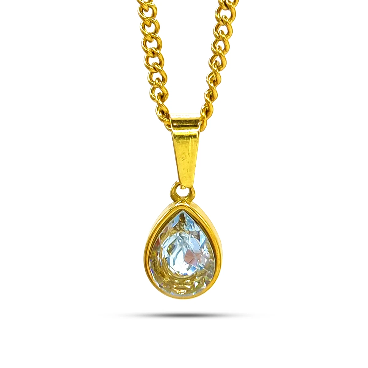 Collar Acero Dorado Gota Zirconia Lagrima Clara Elegante