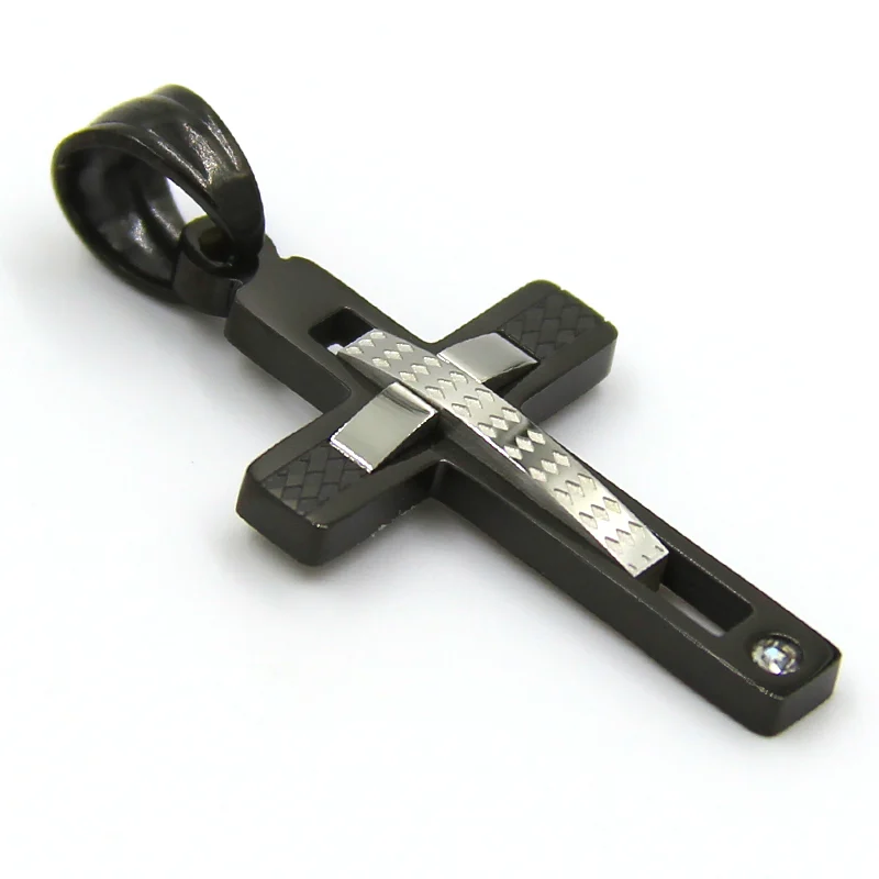Dije Acero Negro Cruz Grabada c/ Zirconia