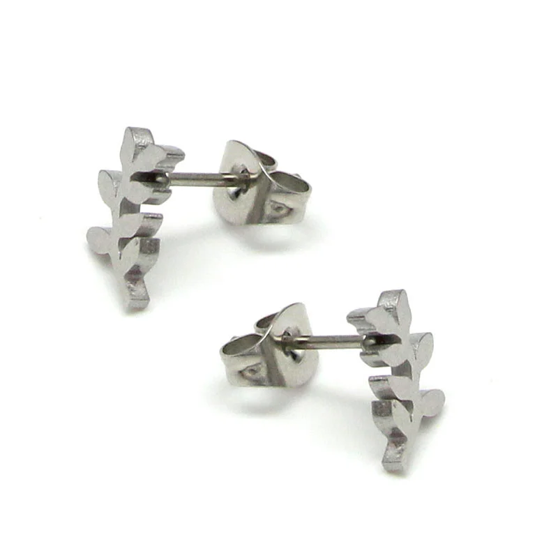 Aretes Tipo Broquel Acero Inox Plateado hojas de Laurel