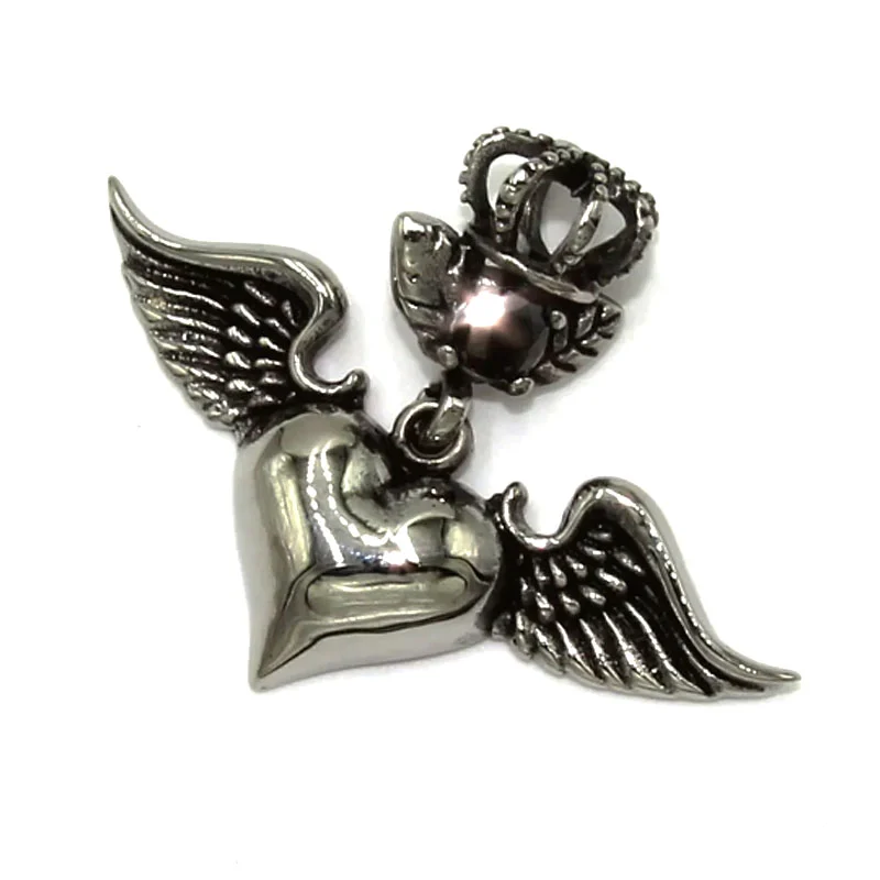 Dije Acero Plateado Corazón Alas Corona Zirconia Negra