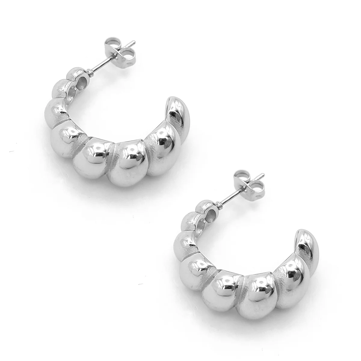 Aretes Acero Plateado Media Arracada Chunky Oruga Bolitas