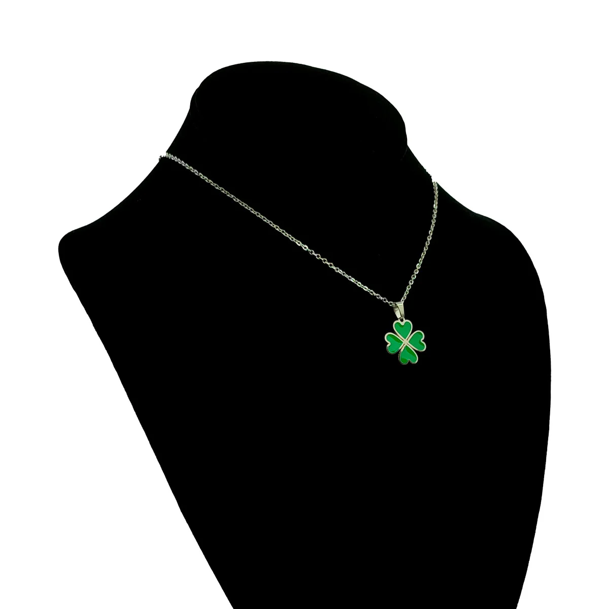 Set Joyería Acero Plateado Trébol 4 Hojas Suerte Verde