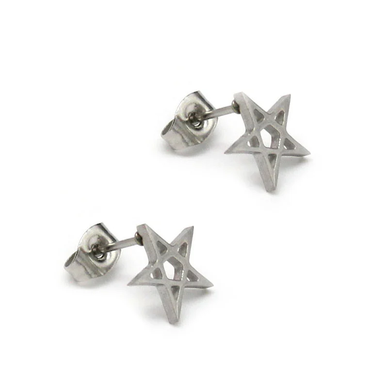 Aretes Tipo Broquel Acero Inox Plateado Estrella 5 Picos