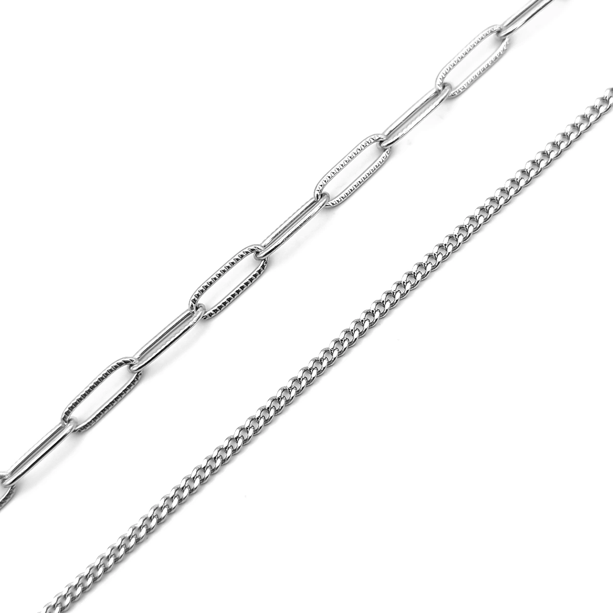 Collar Acero Plateado Doble Eslabon Largo y Barbada