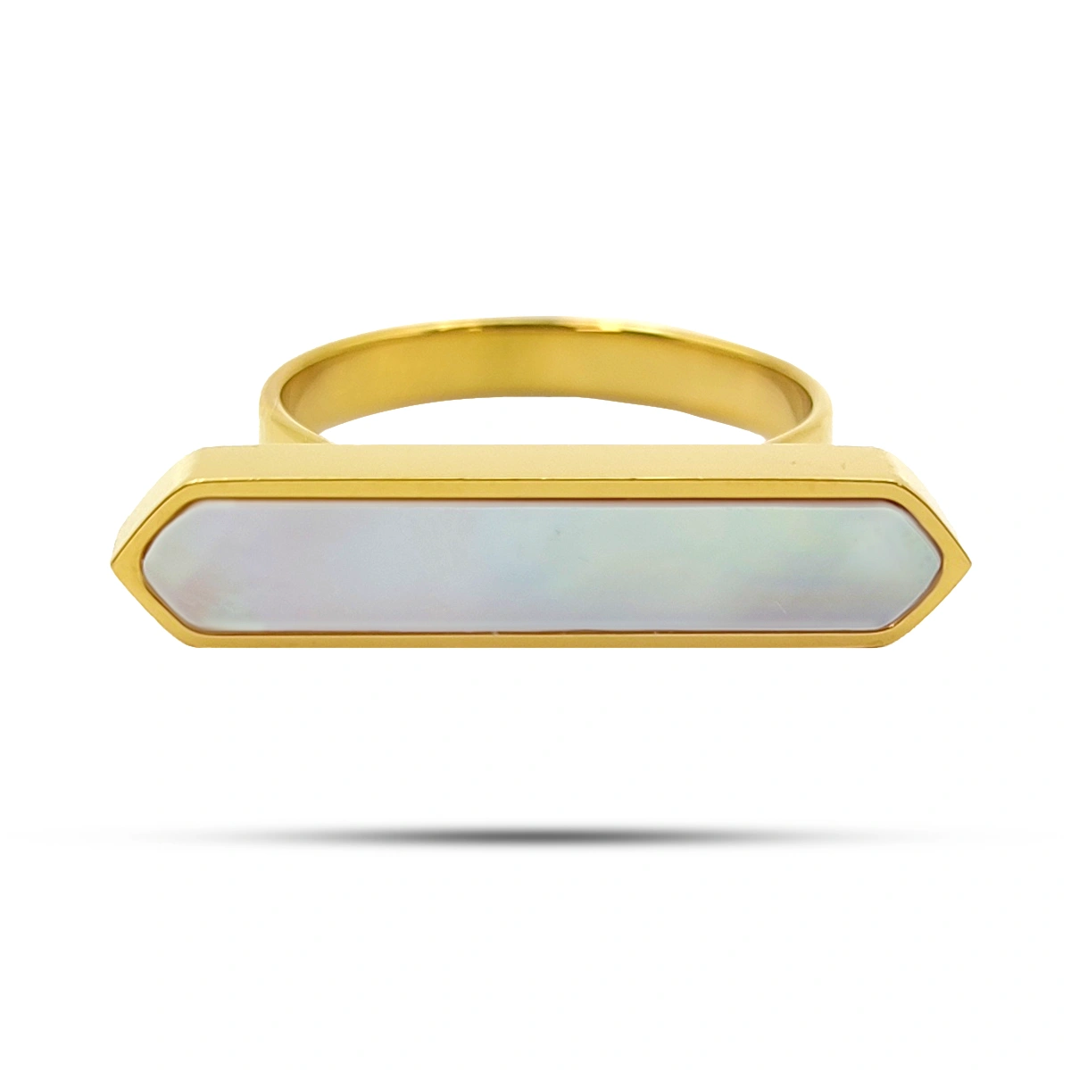 Anillo Acero Dorado Madre Perla Largo Horizontal