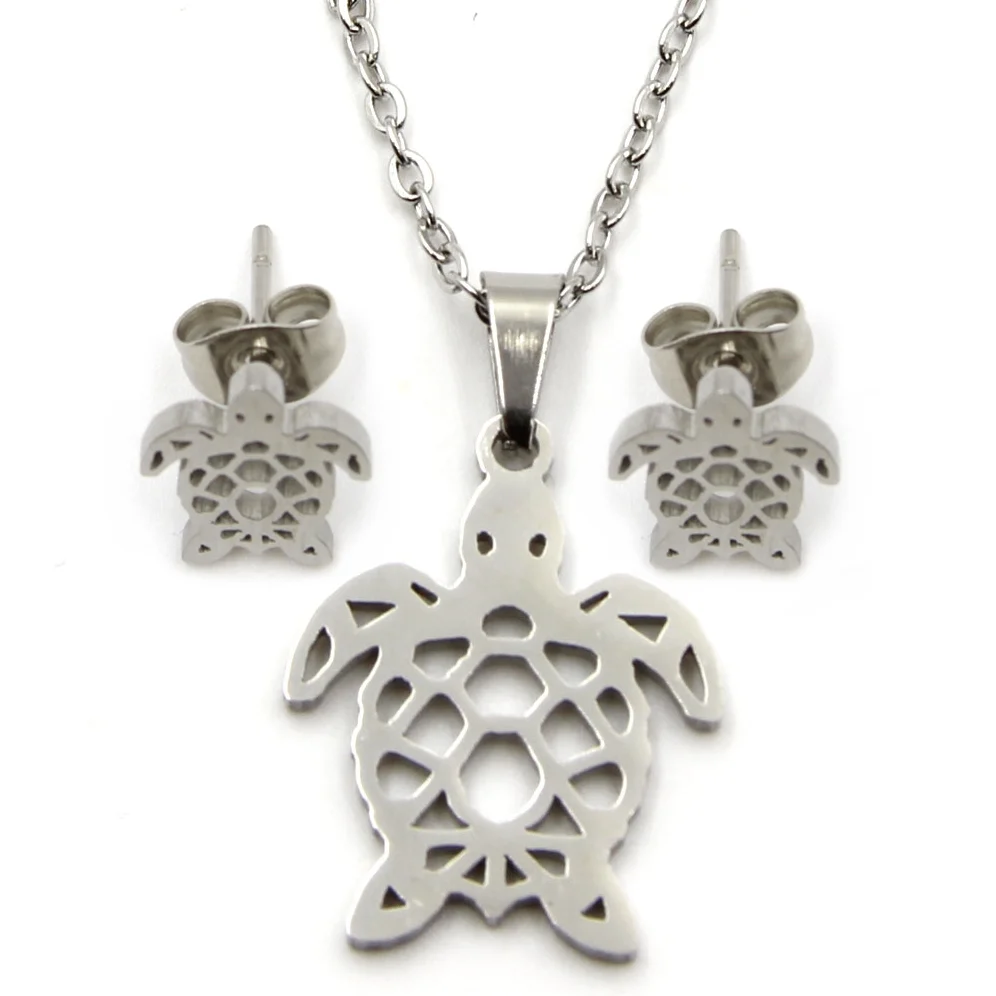 Set Joyeria Acero Plateado Cadena Aretes Dije Tortuga