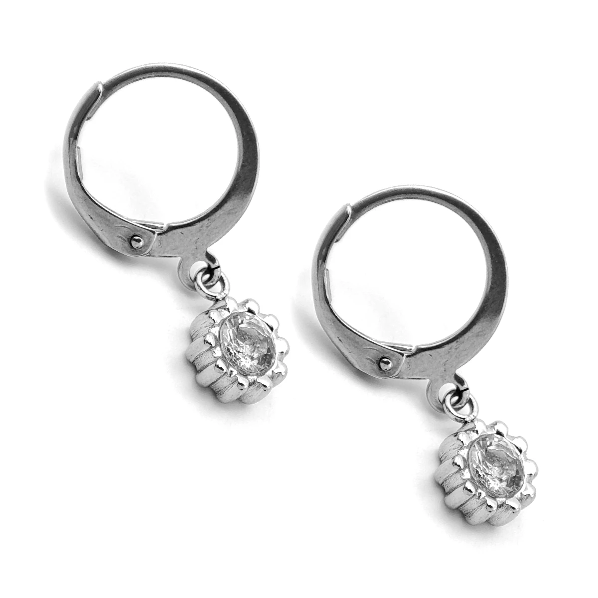 Aretes Acero Colgante Flor Centro Cristal Claro