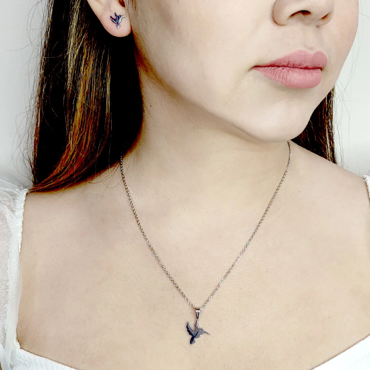 Set Joyeria Acero Inox Plateado Hermoso Colibri 16 mm