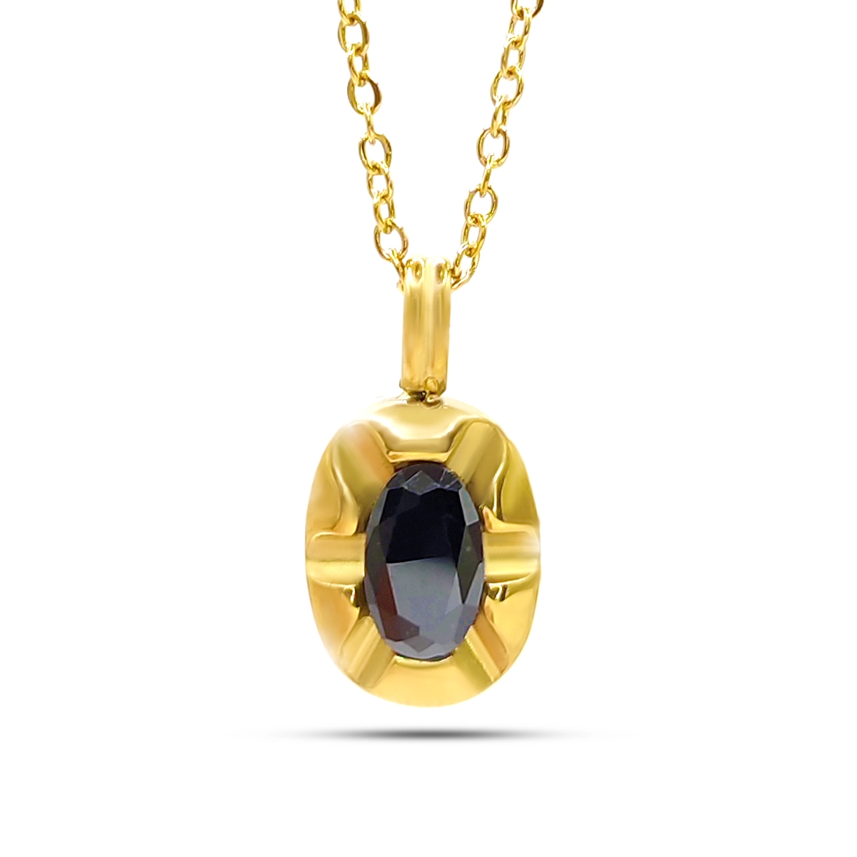 Collar Acero Dorado Zirconia Cubica Negra Oval Enmarcada