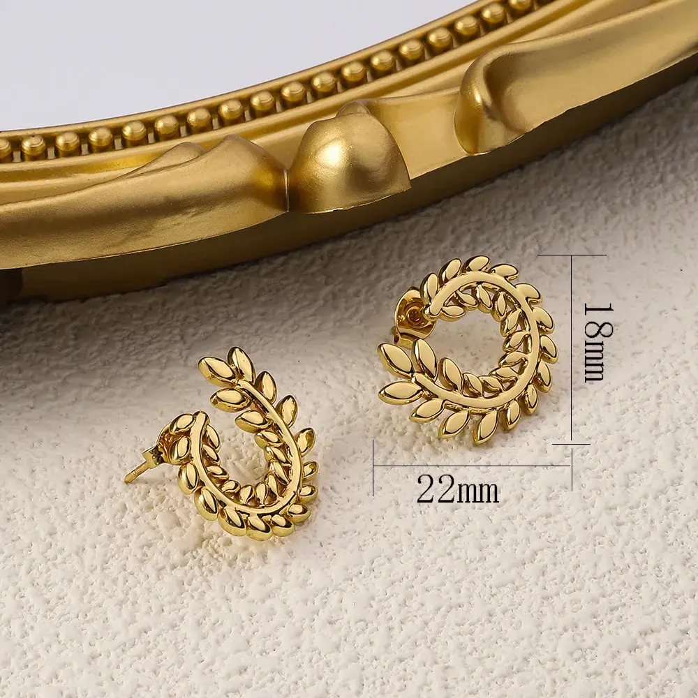 Aretes Acero Dorado Hojas Rama de Olivo en C Elegante