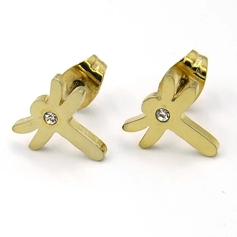 Aretes tipo Broquel Dorados Libelula con Cristal