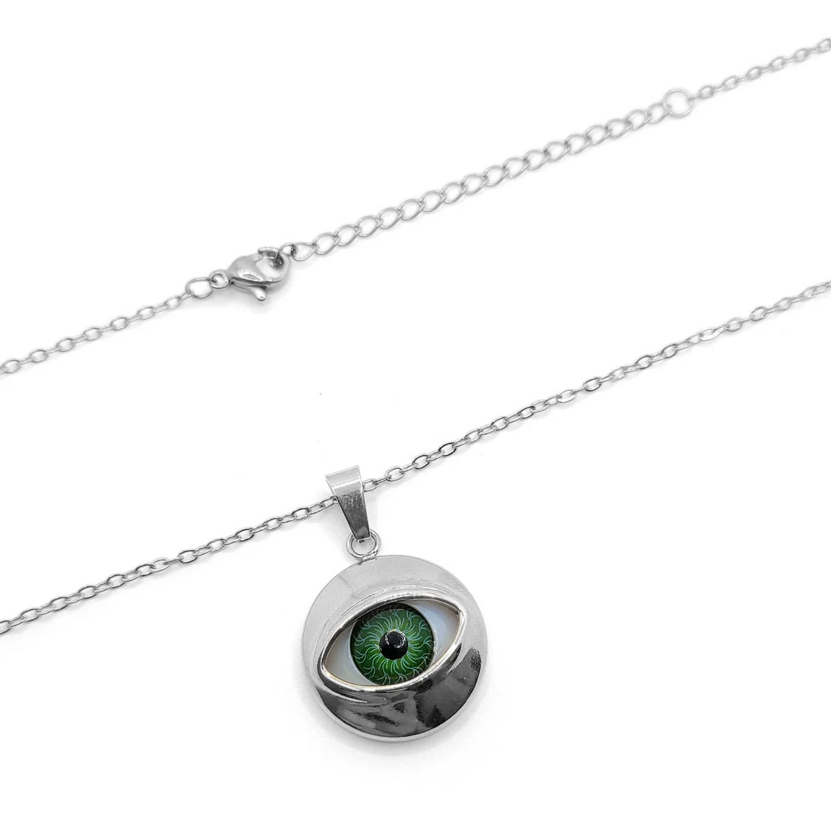 Collar Acero Inox Plateado Ojo Realista Verde 20 mm