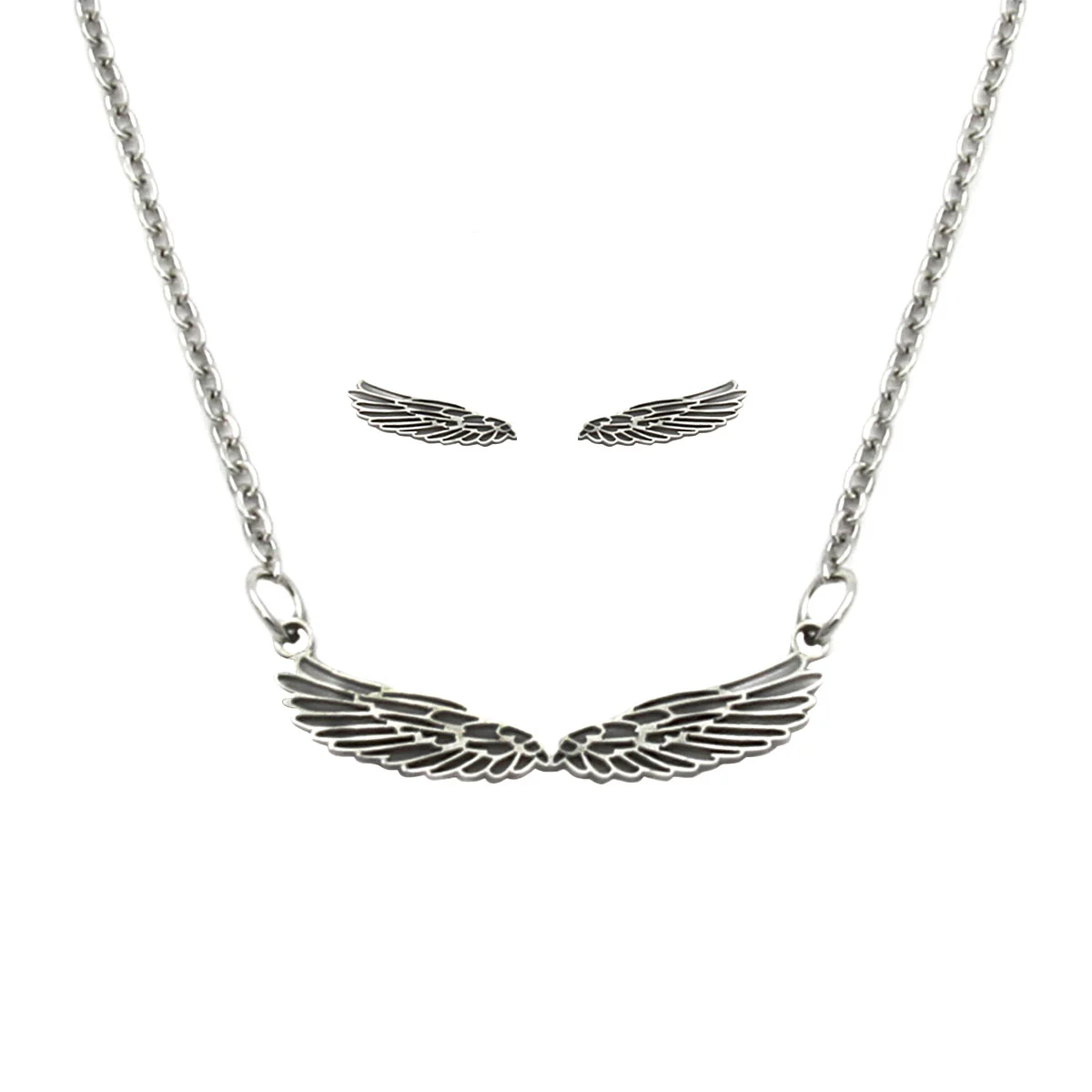 Set Joyeria Acero Plateado Alas Abiertas Angel Silueta