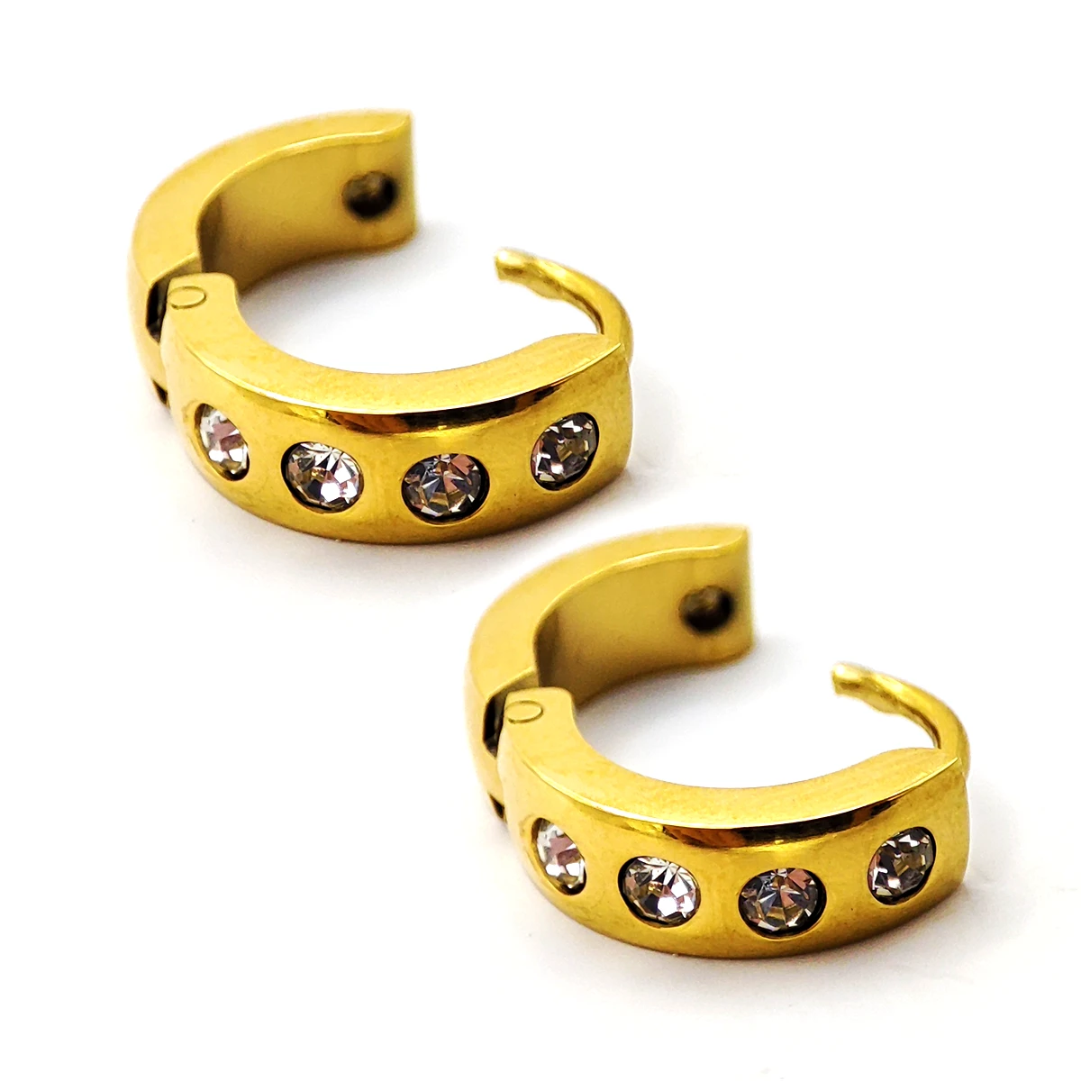 Aretes Acero Dorado Huggies Lisos Cuatro Cristales