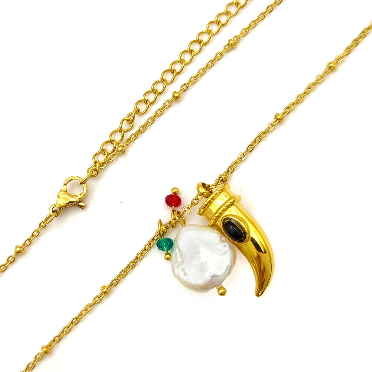 Collar Acero Inox Dorado Perla de Rio Cuerno Abundancia