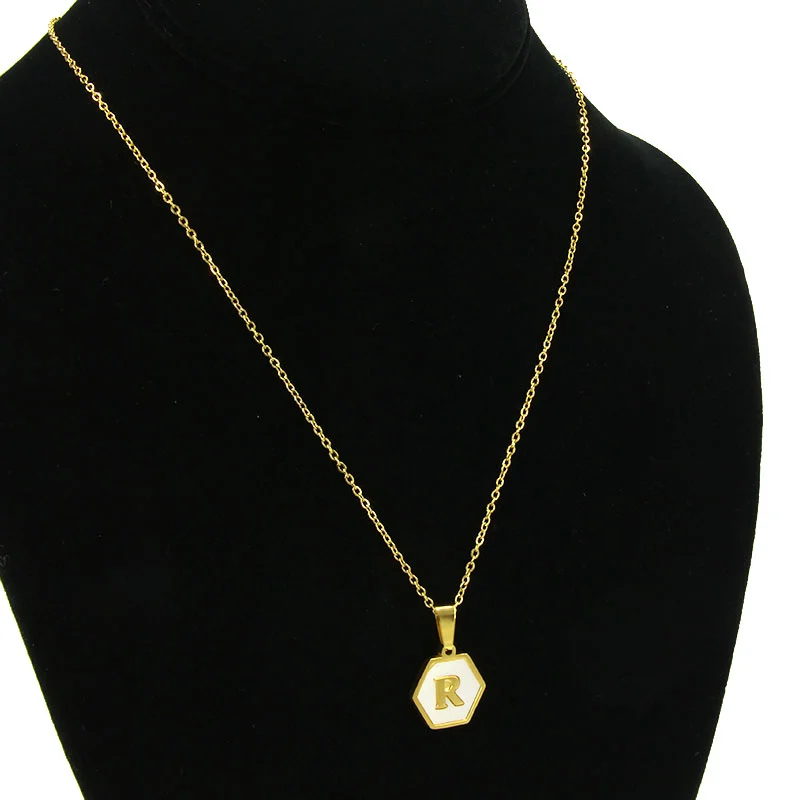Collar Acero Inox Dorado Hexagonal Letra R Madre Perla