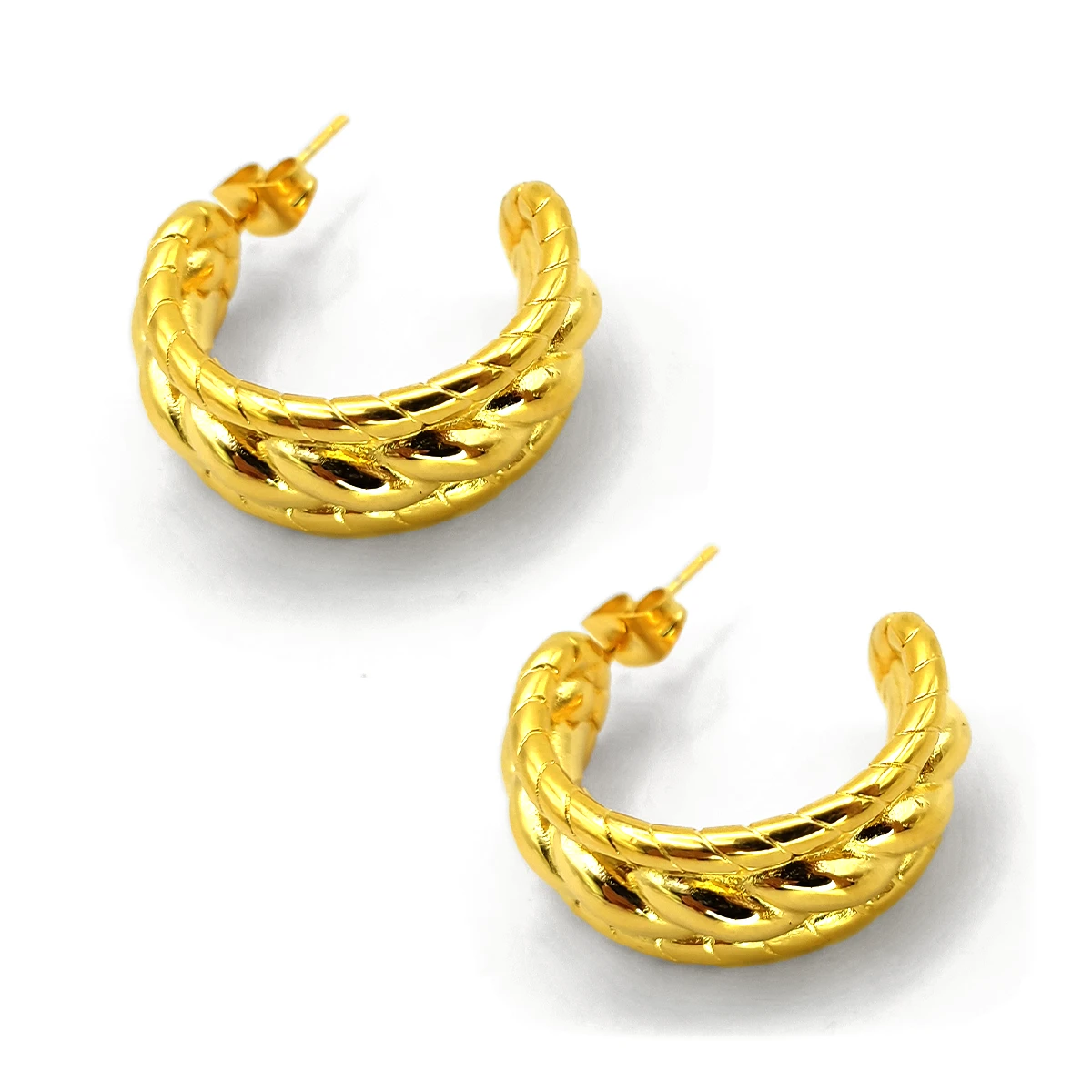 Aretes Acero Dorado Media Arracada Triple Trenza Chunky
