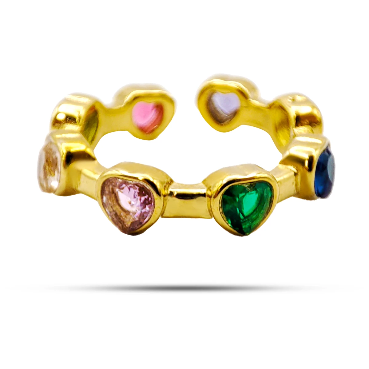 Anillo Acero Dorado Corazón Cristal Multicolor Ajustable
