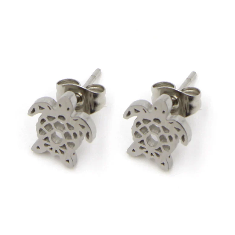 Set Joyeria Acero Plateado Cadena Aretes Dije Tortuga
