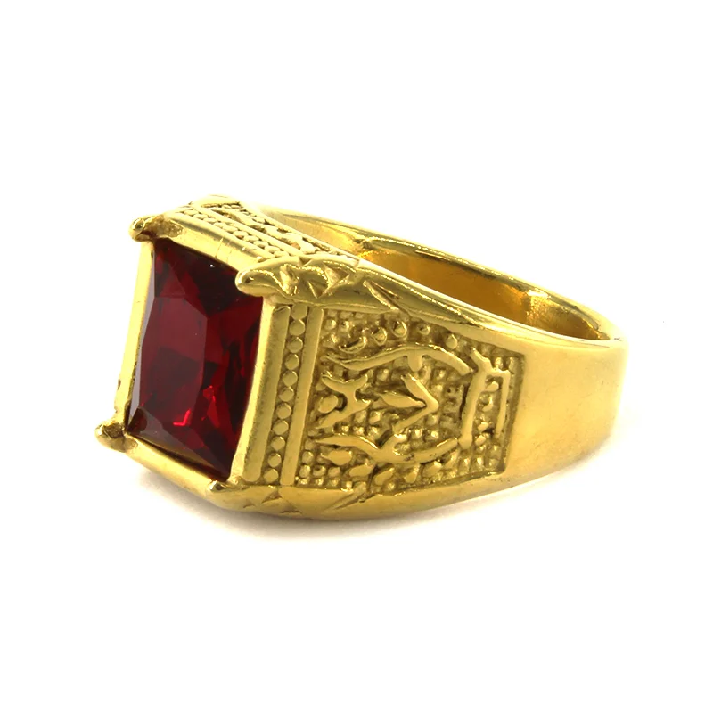 Anillo Acero Dorado Hombre Zirconia Rojo Lux Vintage