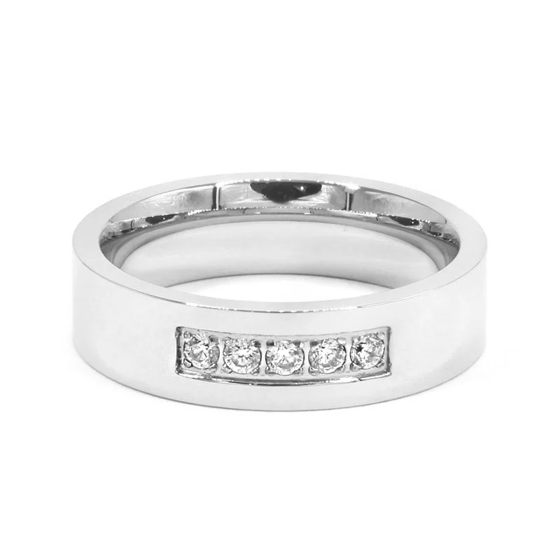 Anillo Acero Inox Argolla Plateado 5 Cristales Claros 6mm