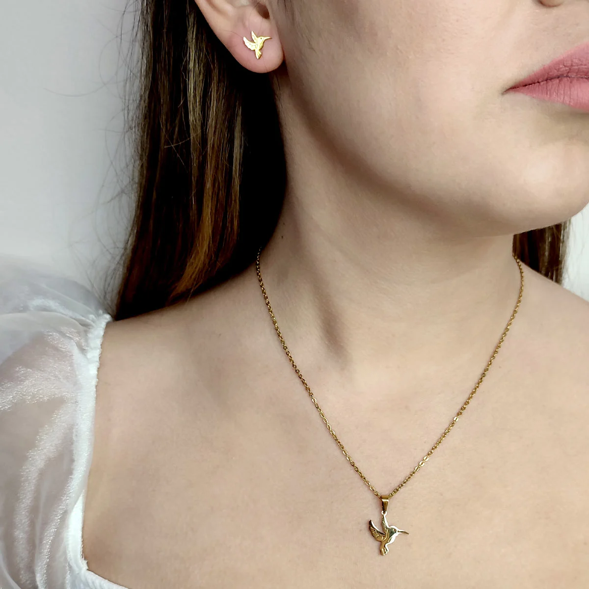 Set Joyeria Acero Inoxidable Dorado Hermoso Colibri 16 mm