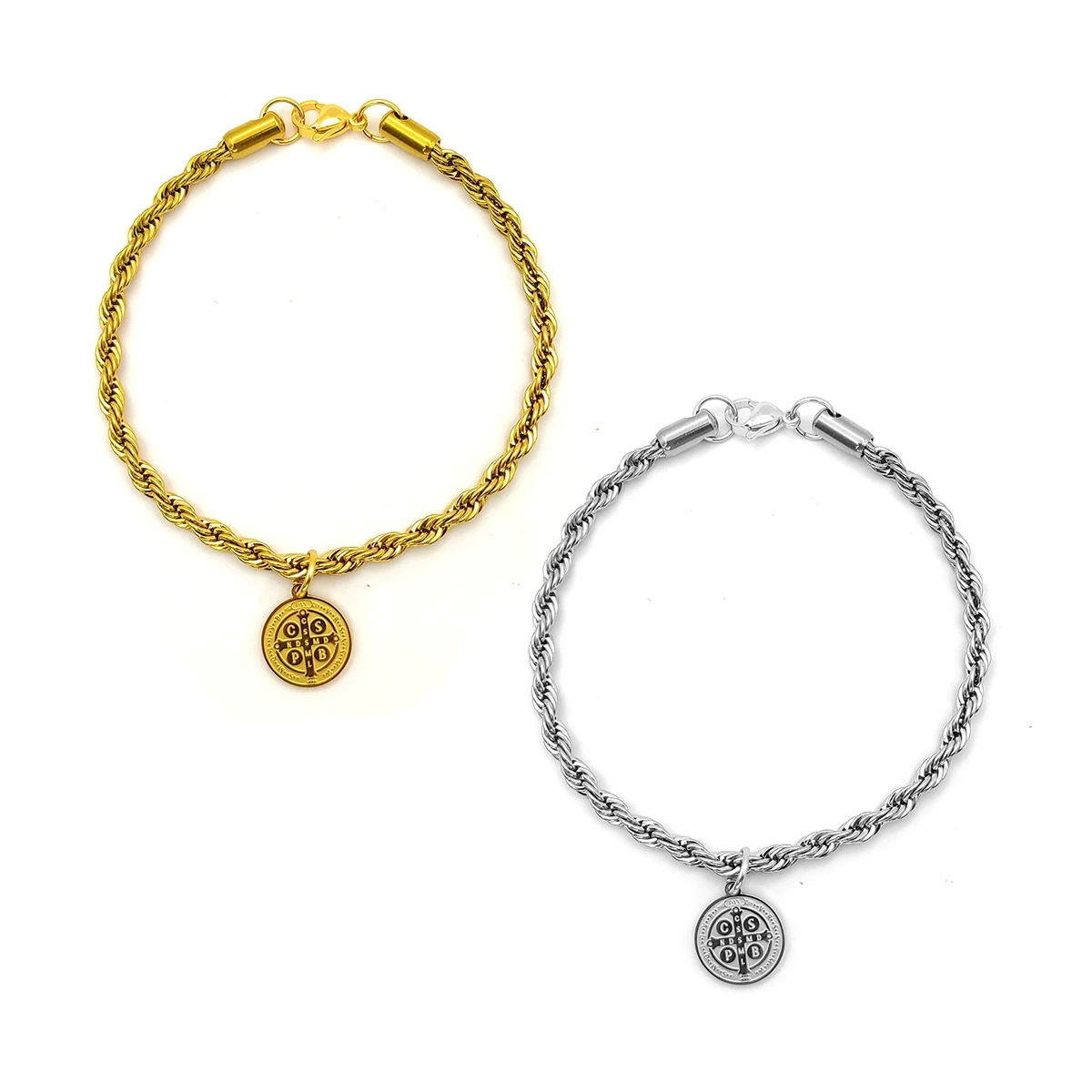 Pulsera Acero Torzal Medalla San Benito Abad Protección