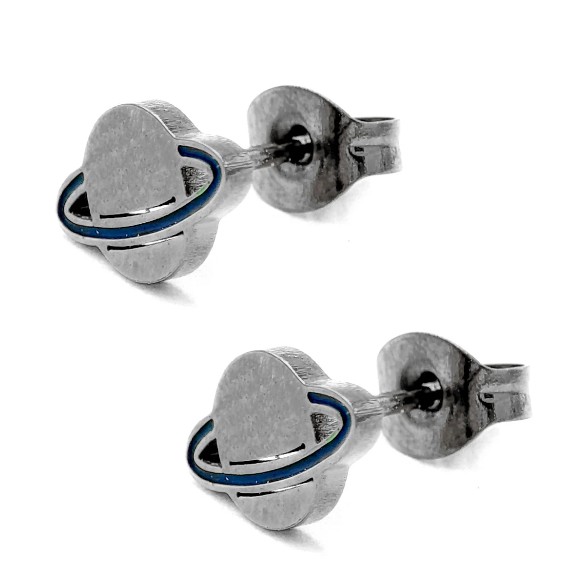 Aretes Acero Inox Plateado Tipo Broquel Planeta Saturno