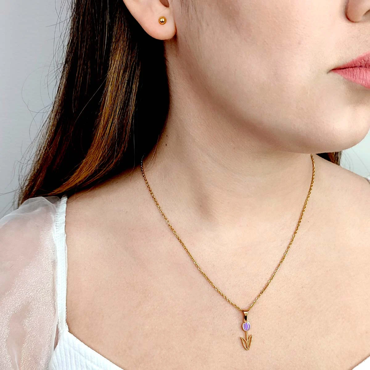 Set Joyeria Acero Inox Dorado Bella Flor Tulipan Morado