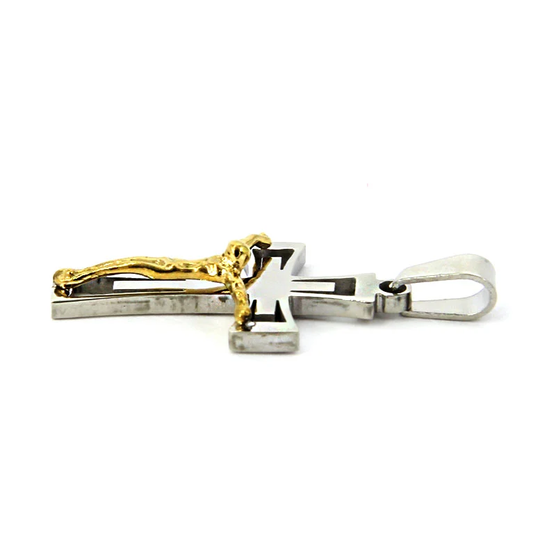 Dije Acero Plateado Cruz Latina Cristo Crucificado Dorado