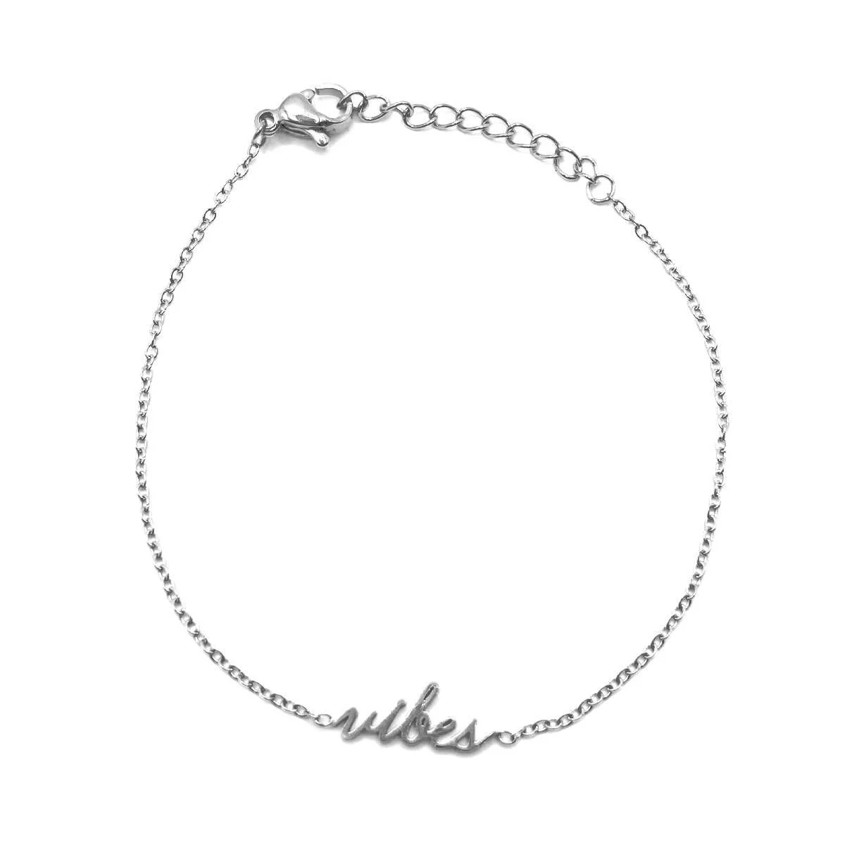 Pulsera Acero Plata De Mujer Frase Vibes Cadena Sencilla