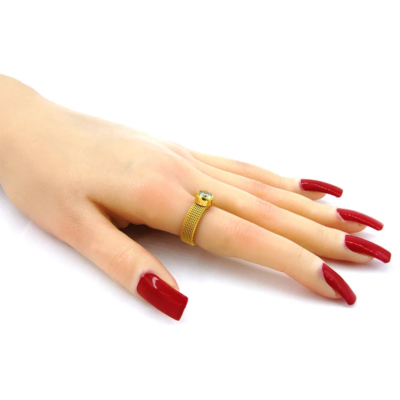 Anillo Acero Inox Dorado Malla Tejida Circular Zirconia