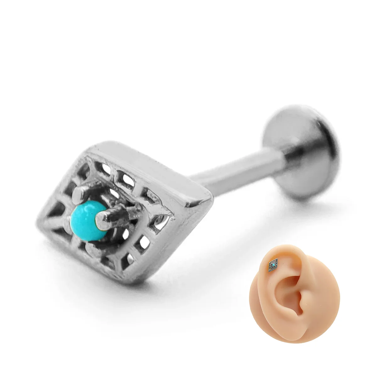 Piercing de Oreja Acero Rombo Geométrico Piedra Turquesa