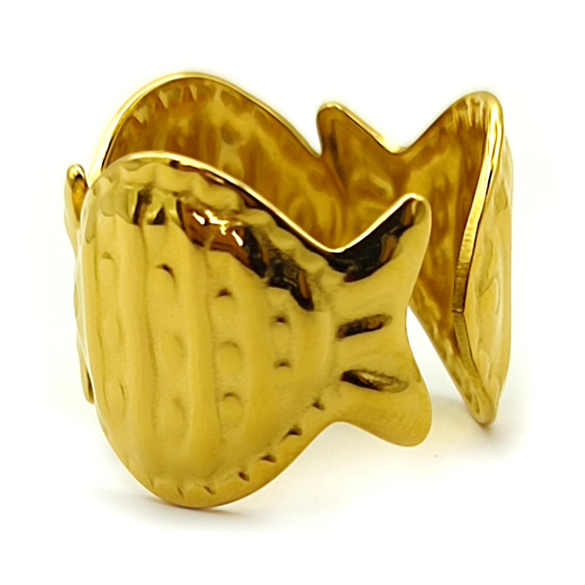 Anillo Acero Dorado Ancho Estriado Martillado Ajustable