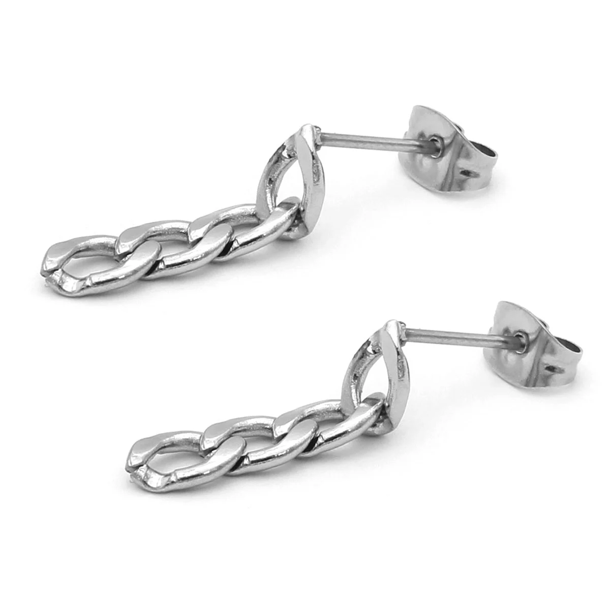 Aretes Tipo Cadena Acero Plateado Eslabon Barbado 20mm
