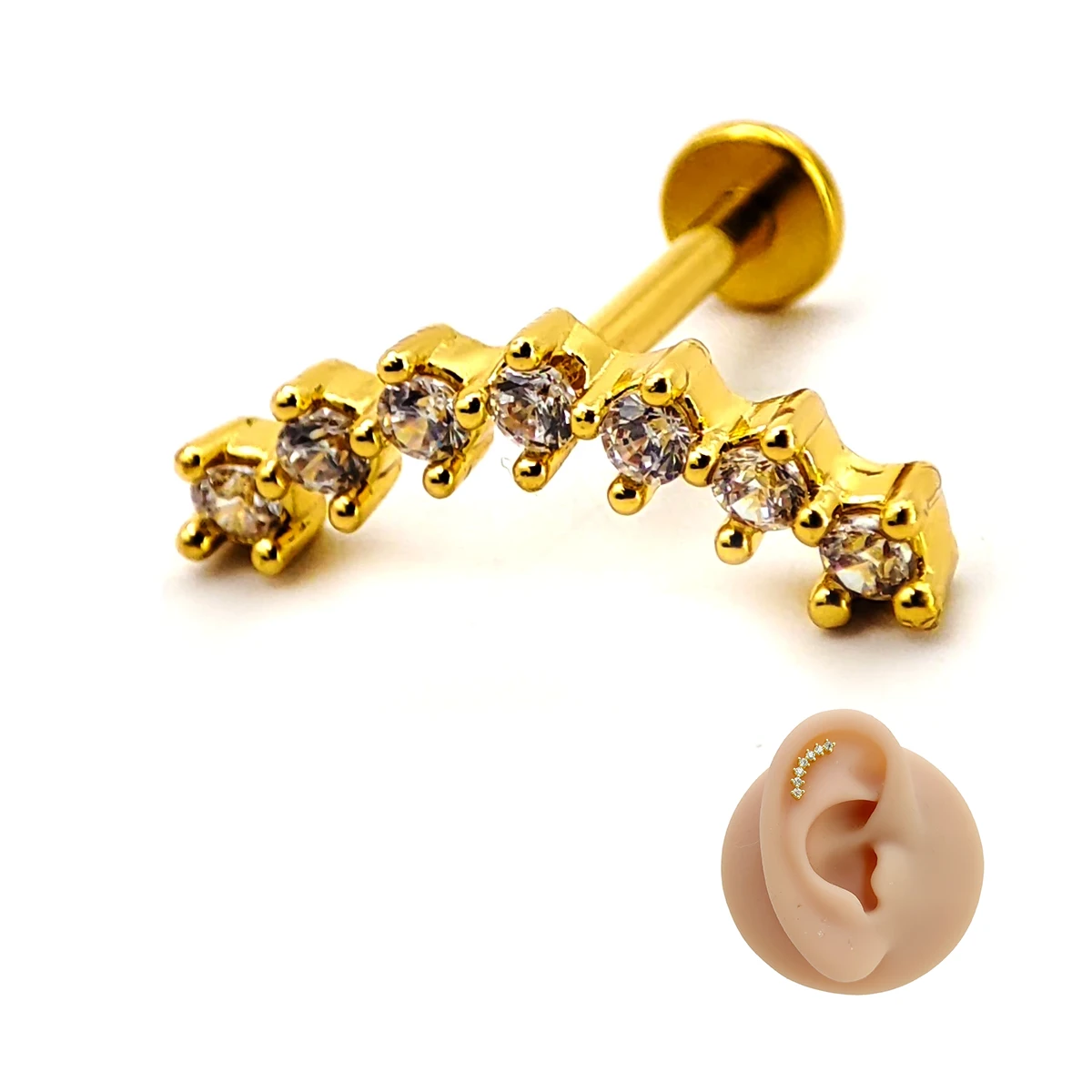 Piercing de Oreja Acero Forma C Curvo Trepador Zirconia
