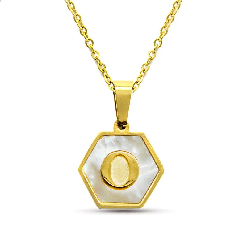 Collar Acero Inox Dorado Hexagonal Letra O Madre Perla