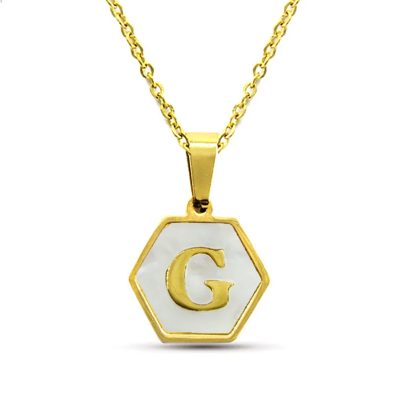 Collar Acero Inox Dorado Hexagonal Letra G Madre Perla