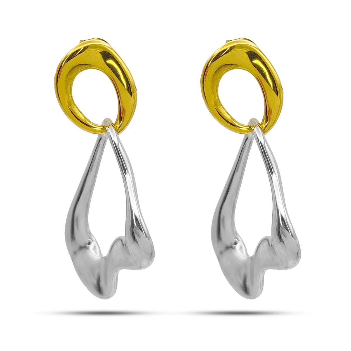 Aretes Acero Bicolor Asimetrico Onda Irregular Colgante