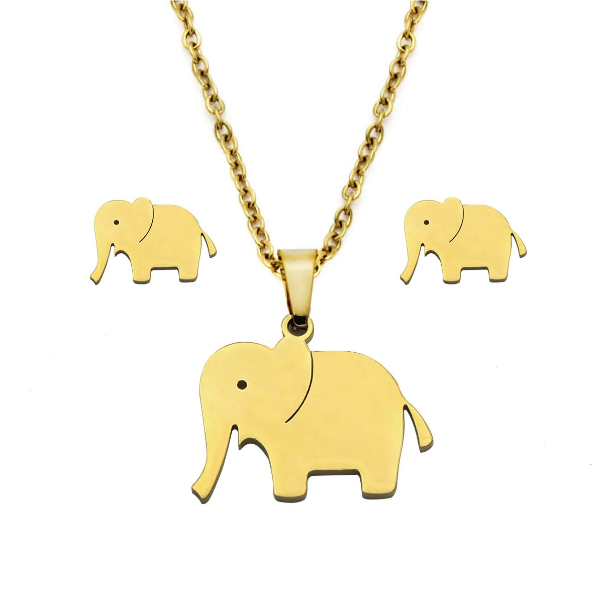 Set Joyeria Acero Dorado Elefante Liso Suerte Poder