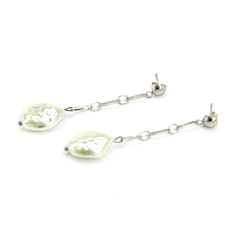 Aretes Acero Inox Plateado Largos Cadena Perla Imitacion
