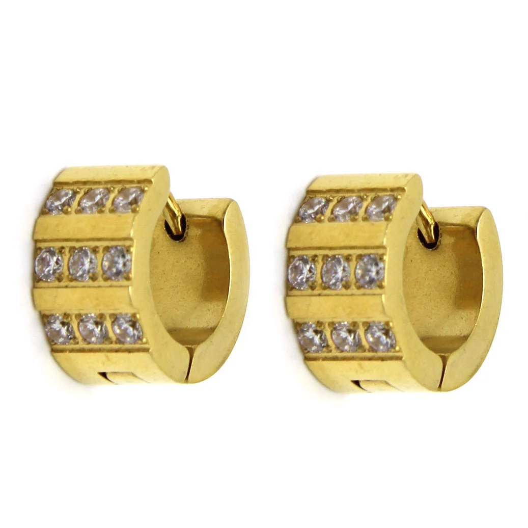 Aretes Acero Dorado Huggies Gruesa Triple Zirconia