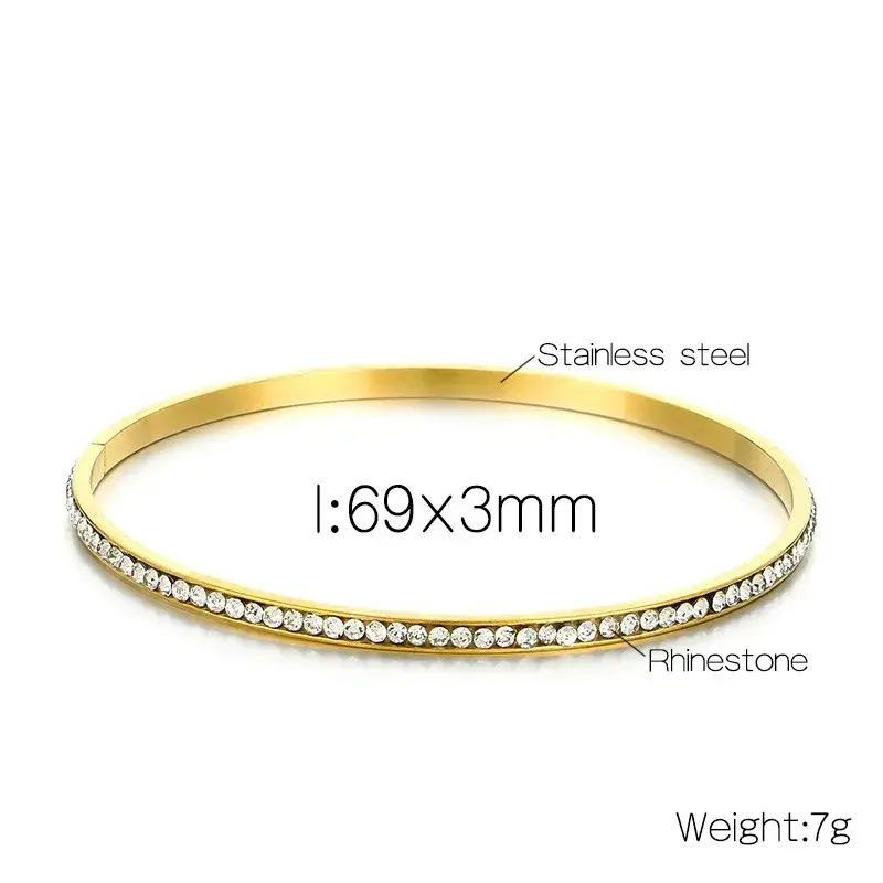 Pulsera Acero Dorado Brazalete Delgado Fila Cristales