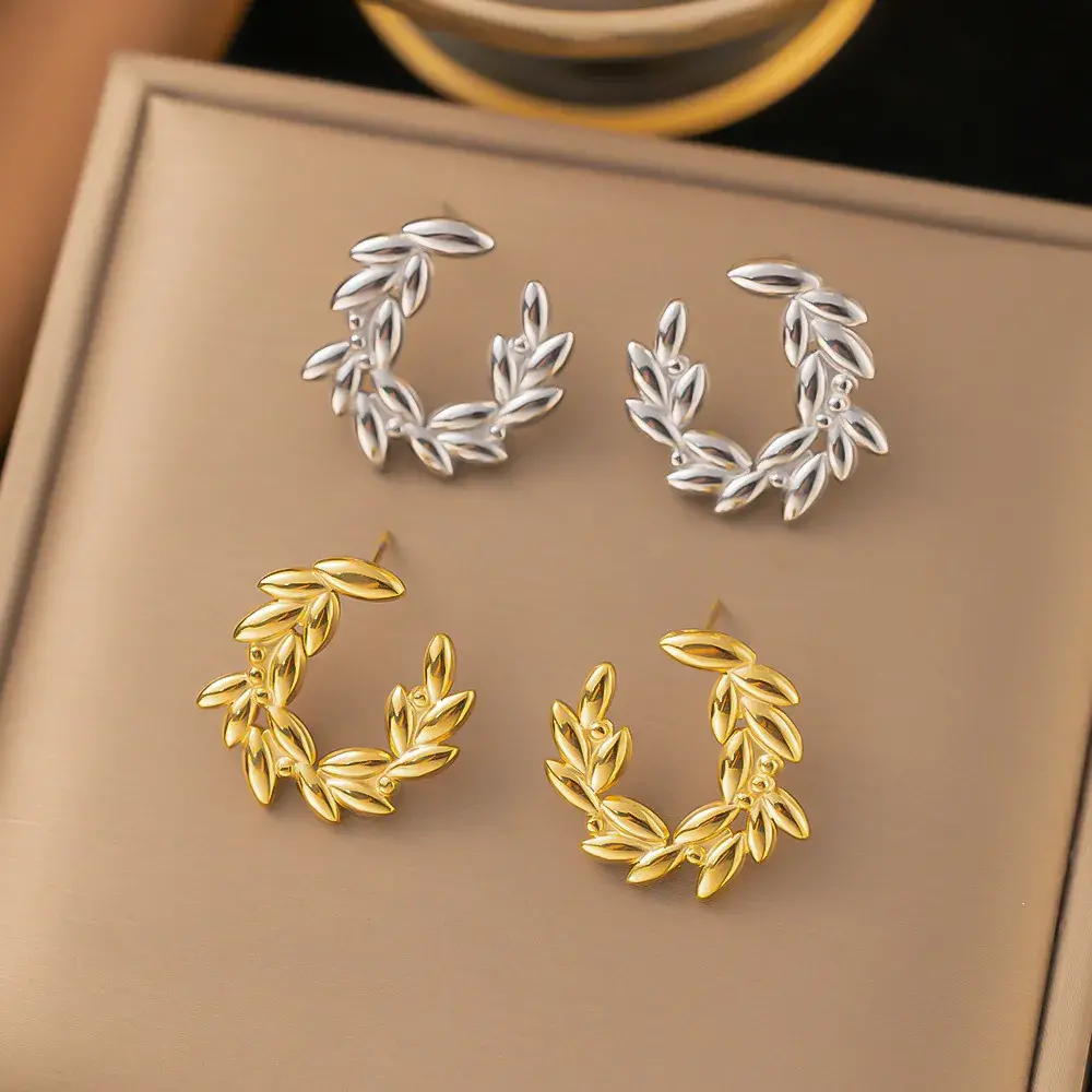 Aretes Acero Guirnaldas Hojas Diseño en C Elegante