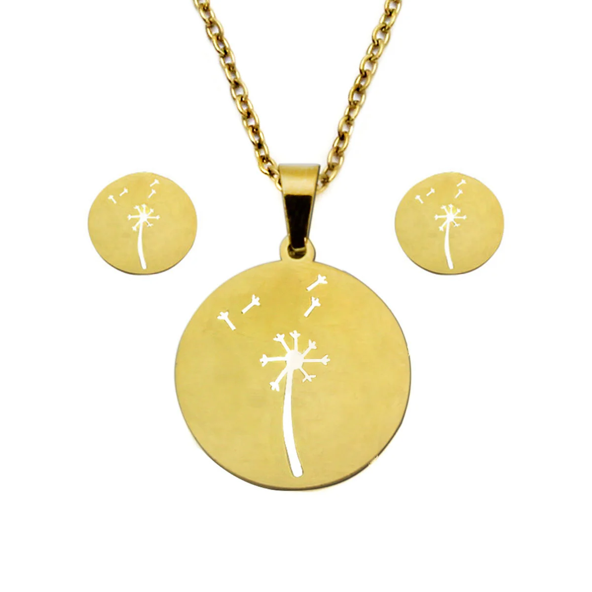 Set Joyeria Acero Dorado Diente Leon Deseo Felicidad