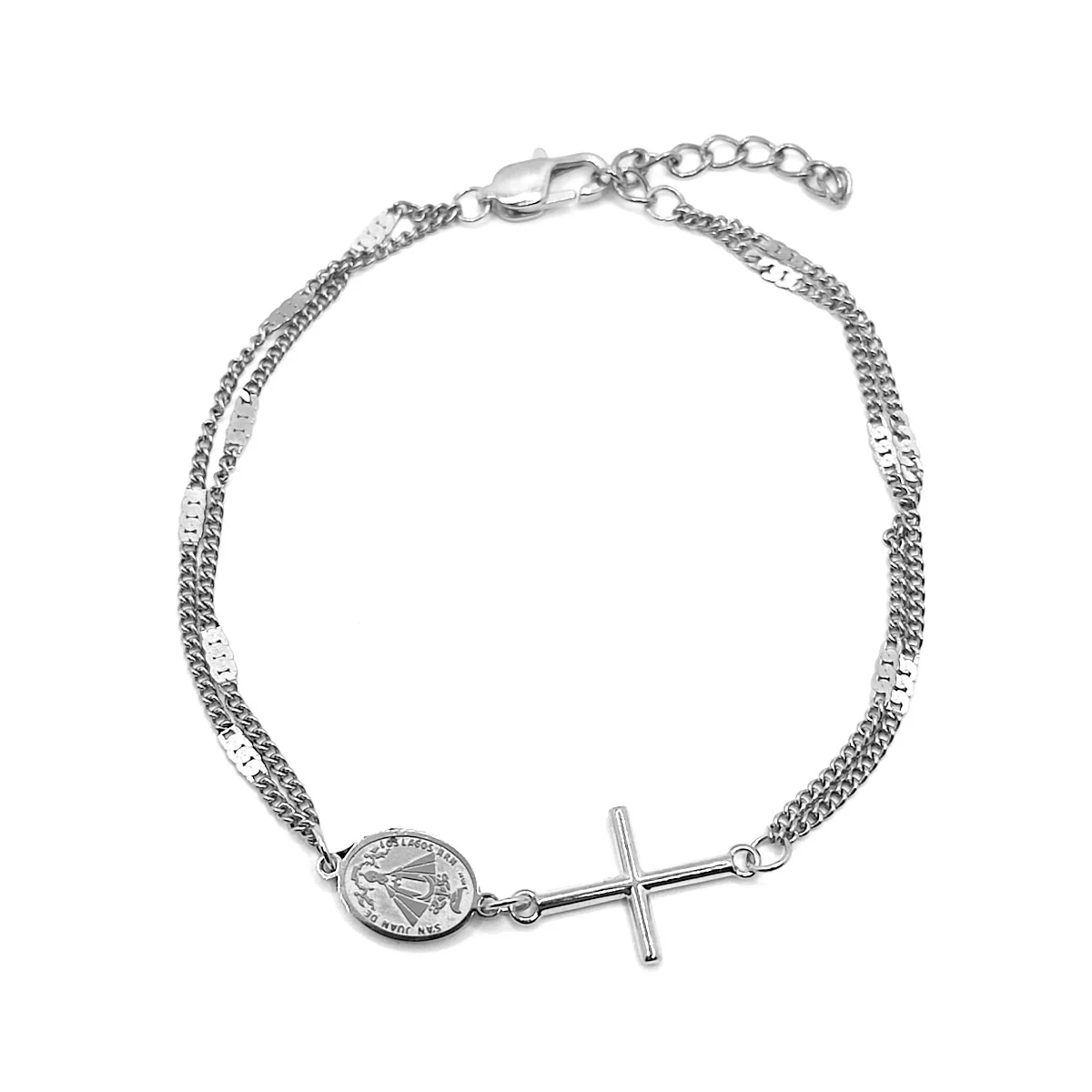 Pulsera Acero Inox Plateado Cruz Virgen San Juan Religion