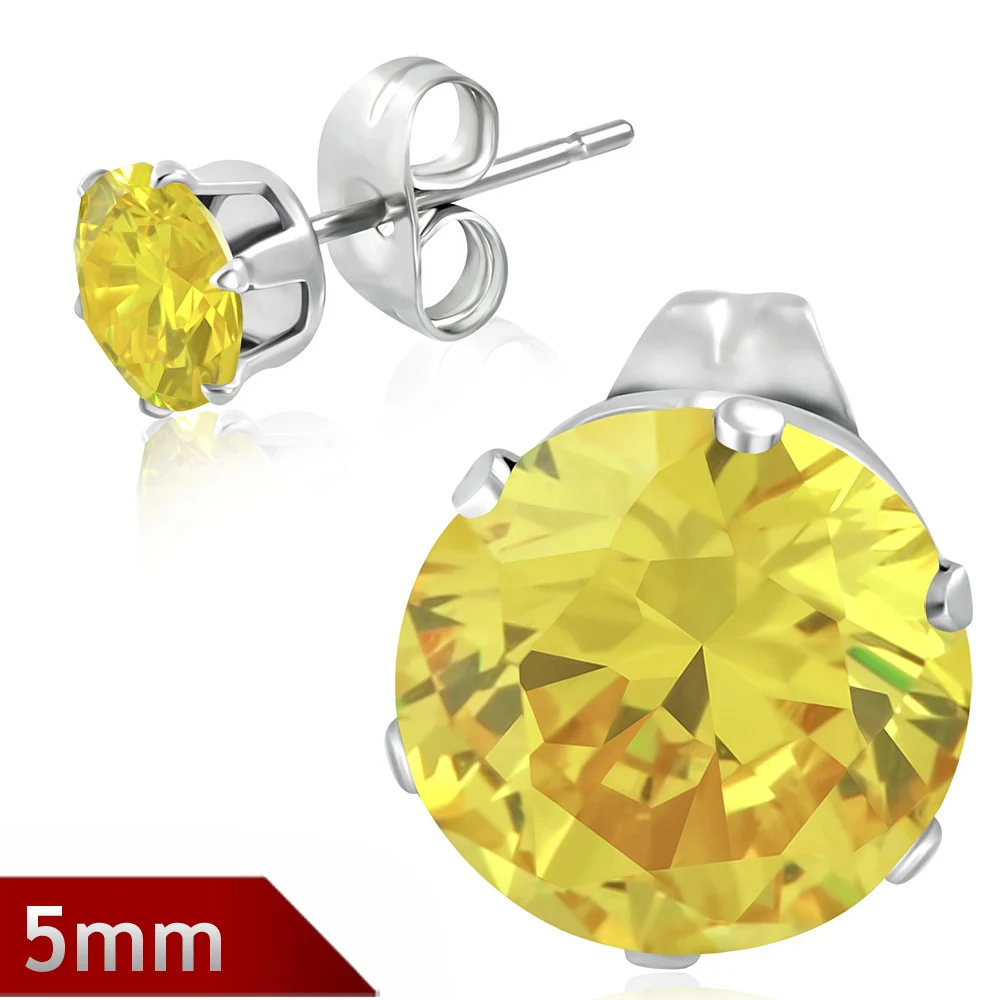 Broqueles Plateados con Zirconia Amarillo de 5mm Diamante