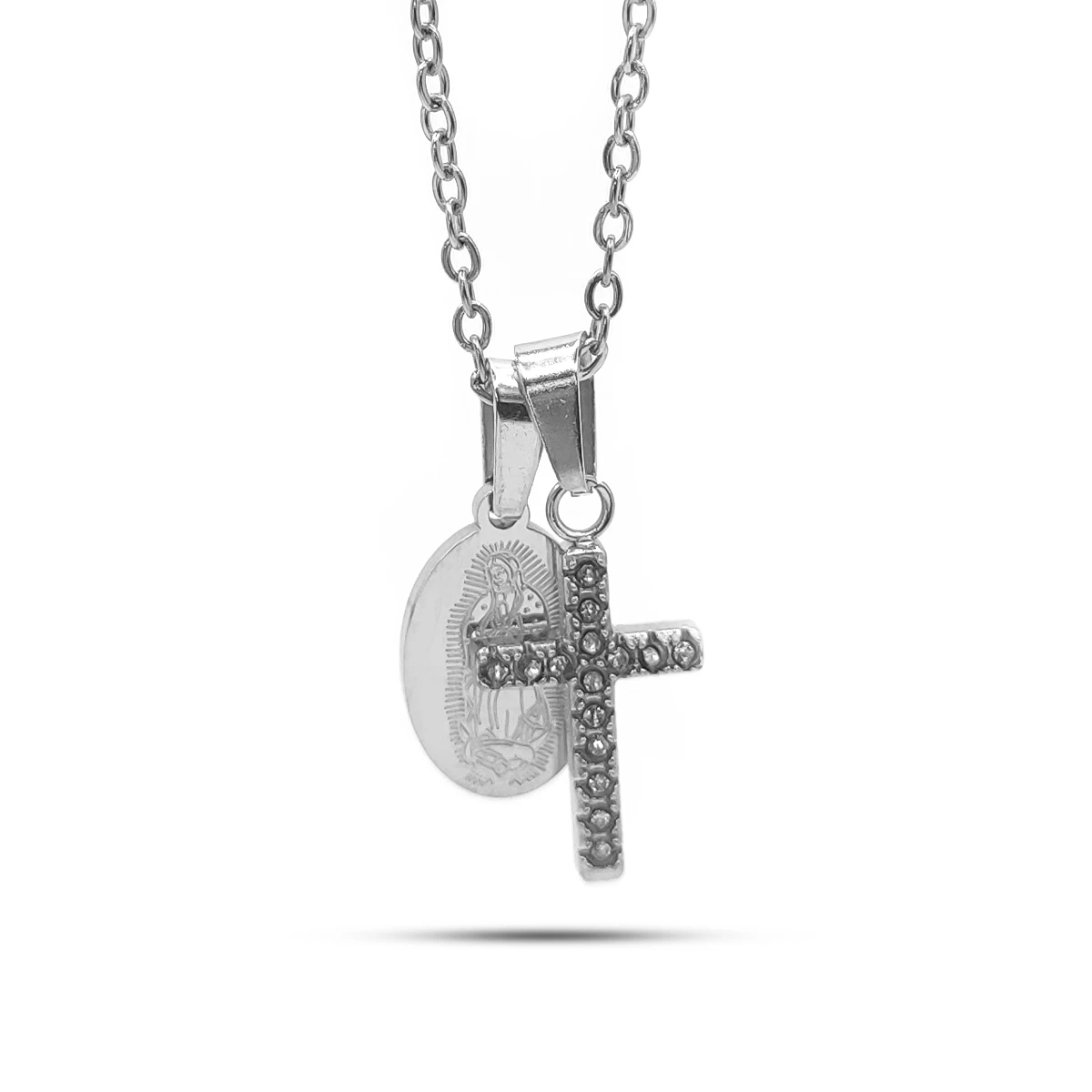 Collar Acero Inox Medalla Virgen Guadalupe Cruz