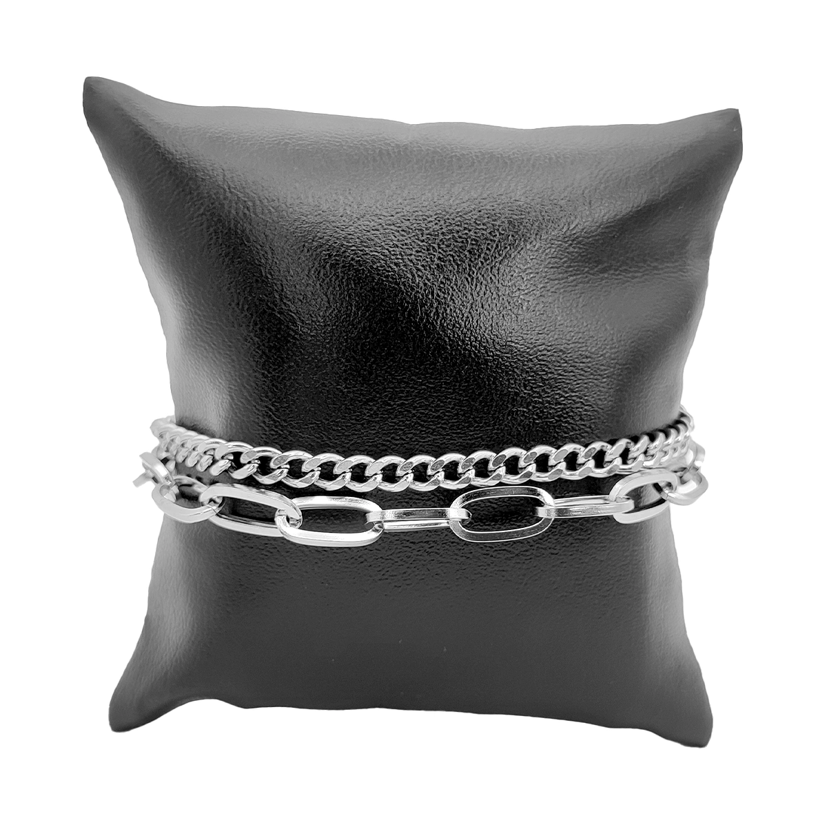 Pulsera Acero Inox Plateado Doble Eslabon Oval y Cubana
